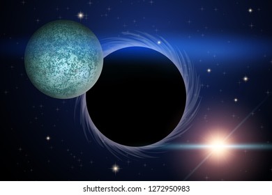 Background of Space with Black Hole and Planet. Science Matters Astronomy. Abstract scientific background. Editable Vector Illustration.