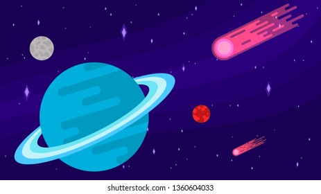 Background with space. Comets and planets. A big blue planet in cosmos. Flat style