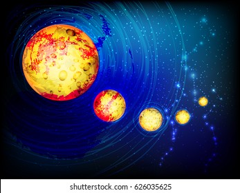 Background space. Illustrating your design. Planet yellow-orange five pieces arranged along an arc