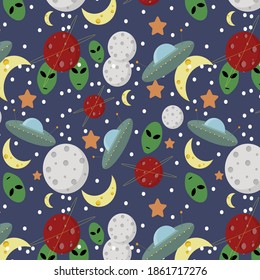 Background with space patterns and an alien. Flying saucers next to the planets. The constellation and the full moon. Vector graphics.