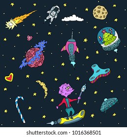 Antecedentes con espacio y planetas, extraterrestres, cosmonautas, doodles dibujados a mano