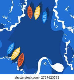 Background space for text, boats view from above, summer seaside vacation, template. Hand drawn vector illustration.