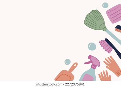 Background with space for text. Cleaning agent, mop, rubber gloves, dustpan, cleaning sponges and rags, bubbles. Doodle-style cleaning tools. Vector illustration.