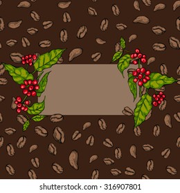 Background with space for text with coffee berries and grains