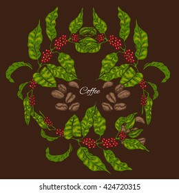 Background with space for text with coffee berries and grains