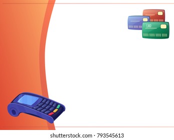 Background with space for text  orange and white - terminal payment and bank cards. Backdrop for presentation