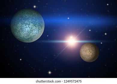 Background of Space with two unknown planets. Science Matters Astronomy. Abstract scientific background. Editable Vector Illustration.