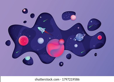 Background with spaceship, universe, planets and stars. Abstract background with the image of the future, cartoon paper cut vector illustration.