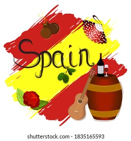 Background with spanish flag, wine, olives, barrel with red, yellow, green and broun colours 