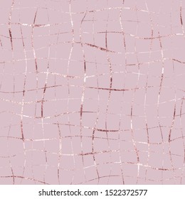 Background sparkle lines. Glitter marble fishnet. Seamless pattern. Abstract delicate structure wavy twist. Modern stylish cross stripe texture rose gold. Elegant foil for design. Beautiful hatch tile