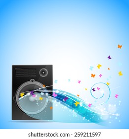 background with speaker with flying butterflies and light color rays