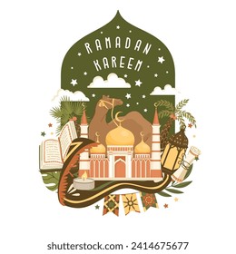Background for the special Muslim holiday of Ramadan. Attributes of Arab culture. Islamic greeting card template. Traditional religious event. Vector illustration.