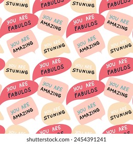 Background of speech bubbles with compliment phrases, self love quotes with star, seamless pattern. Vector illustration can use for textile, fabric design, posters.