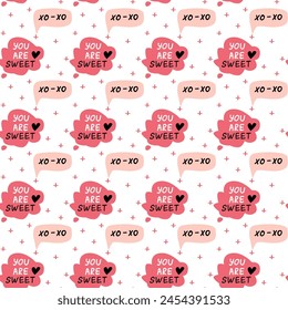 Background of speech bubbles with compliment phrases, self love quotes with star, seamless pattern. Vector illustration can use for textile, fabric design, posters.