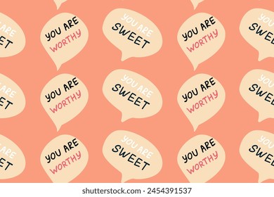 Background of speech bubbles with compliment phrases, self love quotes with star, seamless pattern. Vector illustration can use for textile, fabric design, posters.