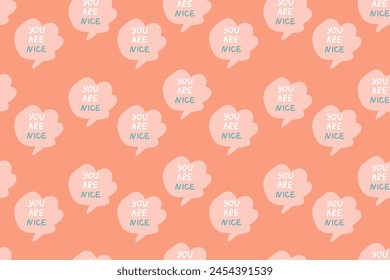 Background of speech bubbles with compliment phrases, self love quotes with star, seamless pattern. Vector illustration can use for textile, fabric design, posters.