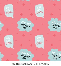 Background of speech bubbles with compliment phrases, self love quotes with star, seamless pattern. Vector illustration can use for textile, fabric design, posters.