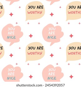 Background of speech bubbles with compliment phrases, self love quotes with star, seamless pattern. Vector illustration can use for textile, fabric design, posters.