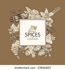 Background with spices:  ginger, cinnamon, cloves, cumin seeds, nutmeg, paprika,  vanilla, coriander seeds, turmeric, star anise, cardamon, saffron. hand drawn