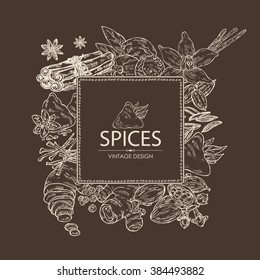 Background with spices: ginger, cinnamon, cloves, cumin seeds, nutmeg, paprika, vanilla, coriander seeds, turmeric, star anise, cardamon, saffron. hand drawn