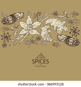 Background with spices: ginger, cinnamon, cloves, cumin seeds, vanilla, star anise, cardamon, saffron. hand drawn