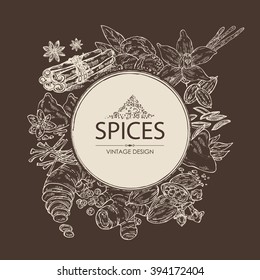 Background with spices: ginger, cinnamon, cloves, cumin seeds, nutmeg, paprika, vanilla, coriander seeds, turmeric, star anise, cardamon, saffron. hand drawn