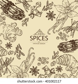 Background with spices: ginger, cinnamon, cloves, cumin seeds, vanilla, star anise, cardamon, saffron. hand drawn
