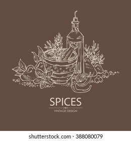Background with spices and herb. hand drawn
