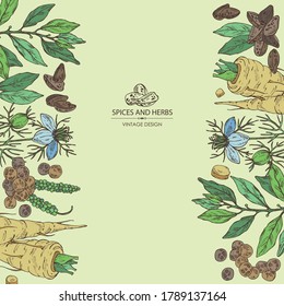 Background with spices and herbs: black pepper, bay leafs branch, nigella sativa flower and seeds and parsnip root. Vector hand drawn illustration.