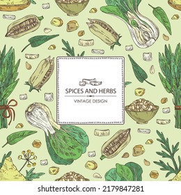 Background with spices and herbs: bok choy plant , ipomoea water, water spinach, sesame plant and sesame seeds, asafoetida powder. Vector hand drawn illustration. 