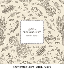Background with spices and herbs: bok choy plant , ipomoea water, water spinach, sesame plant and sesame seeds, asafoetida powder. Vector hand drawn illustration. 