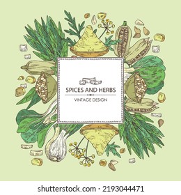 Background with spices and herbs: bok choy plant , ipomoea water, water spinach, sesame plant and sesame seeds, asafoetida powder. Vector hand drawn illustration. 