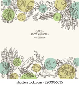 Background with spices and herbs: bok choy plant , ipomoea water, water spinach, sesame plant and sesame seeds, asafoetida powder. Vector hand drawn illustration. 