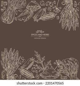 Background with spices and herbs: bok choy plant , ipomoea water, water spinach, sesame plant and sesame seeds, asafoetida powder. Vector hand drawn illustration. 