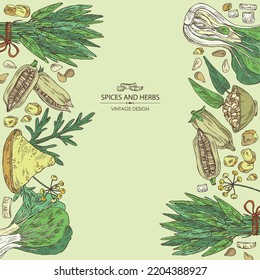 Background with spices and herbs: bok choy plant , ipomoea water, water spinach, sesame plant and sesame seeds, asafoetida powder. Vector hand drawn illustration. 