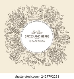 Hintergrund mit Gewürzen und Kräutern: Bok Choy Pflanze, Ipomoea Wasser, Wasserspinat, Sesampflanze und Sesamsamen, Asafoetida Pulver. Hand gezeichnete Vektor-Illustration. 