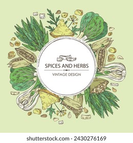 Background with spices and herbs: bok choy plant , ipomoea water, water spinach, sesame plant and sesame seeds, asafoetida powder. Vector hand drawn illustration. 