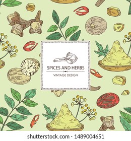 Background with spices and herbs: clove tree, nutmeg, curry tree leaves and asafoetida. Vector hand drawn illustration.