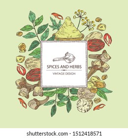 Background with spices and herbs: clove tree, nutmeg, curry tree leaves and asafoetida. Vector hand drawn illustration.