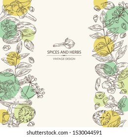 Background with spices and herbs: clove tree, nutmeg, curry tree leaves and asafoetida. Vector hand drawn illustration.
