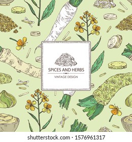Background with spices and herbs: wasabi root, daikon root, mustard, horsradiah. Vector hand drawn illustration.