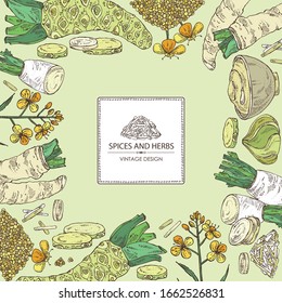 Background with spices and herbs: wasabi root, daikon root, mustard, horsradiah. Vector hand drawn illustration.