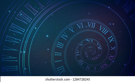 Background with spiral dial, clock in space. Time, eternity, universe metaphor