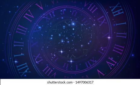Background with spiral dial, clock in space. Time, eternity, universe metaphor