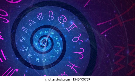 Fondo con símbolos espirales de los signos zodiacos en el espacio. Astrología, esotericismo, predicción del futuro.