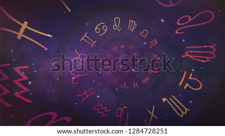 Background with spiral symbols of the zodiac signs in space. Astrology, esotericism, prediction of the future.