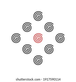 Antecedentes de las espirales. Ilustración vectorial sobre fondo blanco todas las espirales rojo y una espiral blanca 