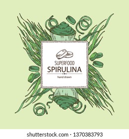 Background with spirulina: spirulina algae, pills and spirulina powder. Superfood. Vector hand drawn illustration.