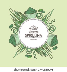 Antecedentes con espirulina: algas de espirulina, pastillas y polvo de espirulina. Supercomida. Ilustración dibujada a mano por vectores. 