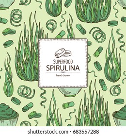 Background with spirulina: spirulina algae, pills and spirulina powder. Superfood. Vector hand drawn illustration.